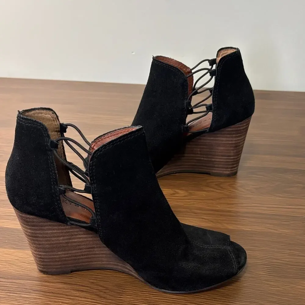 Lucky Brand Black Suede‎ Peep-Toe Wedge Booties Sz 9